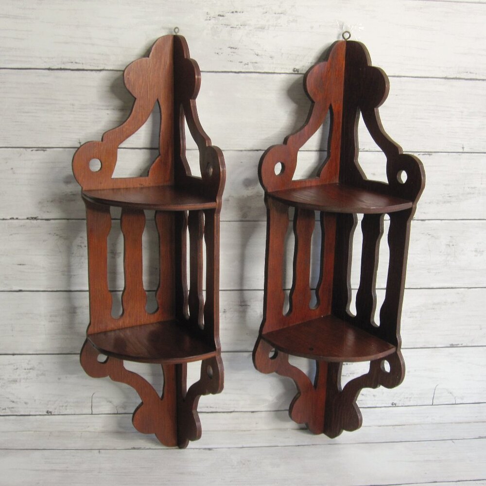 Vintage MCM Corner Wooden 2 Tier Shelf Lot Brown Knick Knack Wall Mount